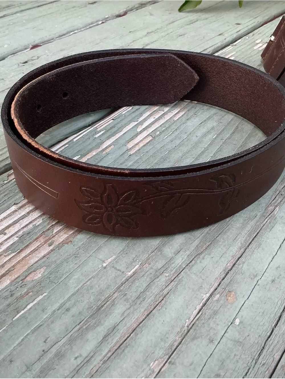 Brown Embossed Leather Belt with Floral Design